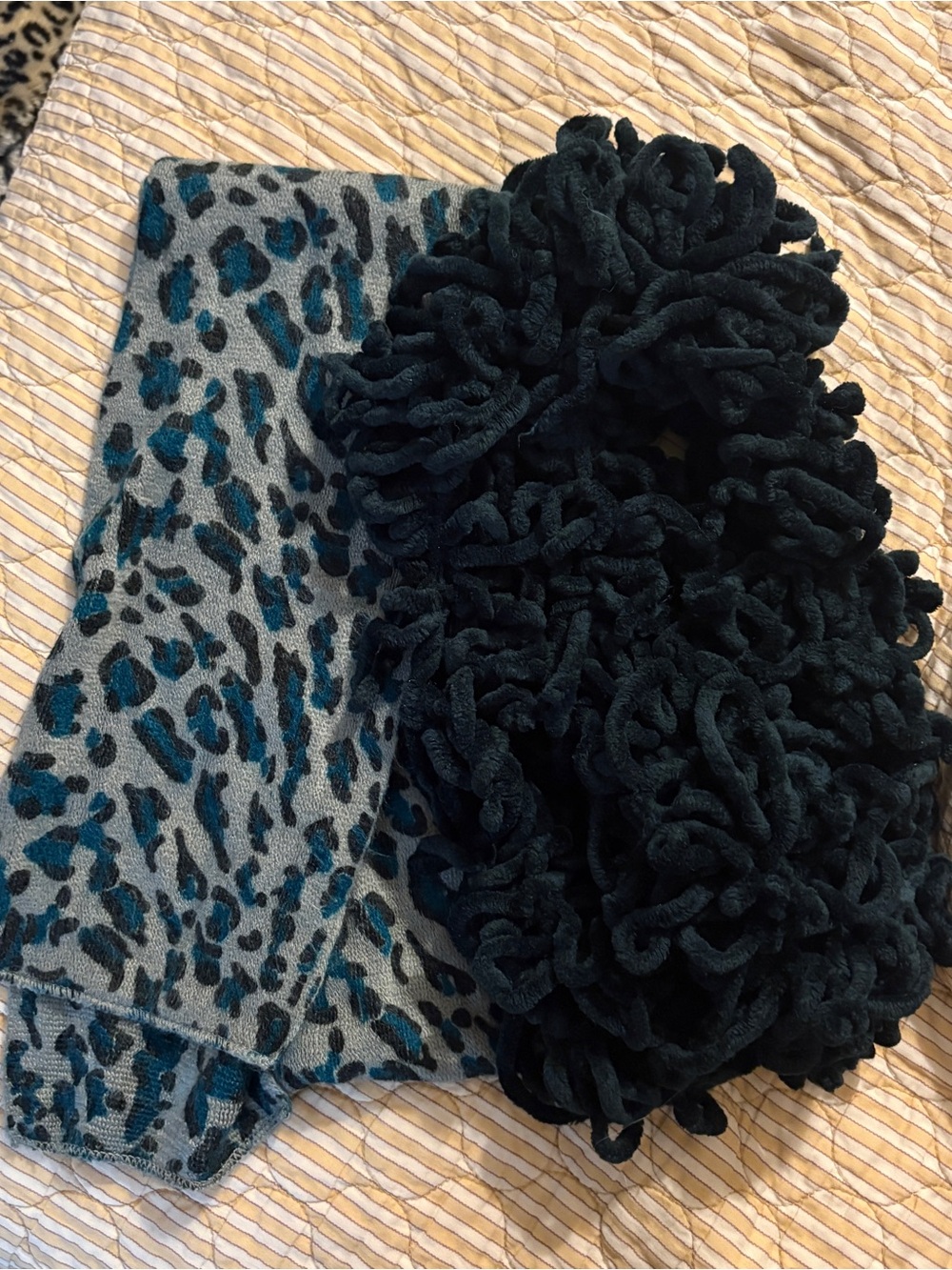 Bundle of Two Long Winter Scarves, Grey and Teal Cheetah Knit + Black Loop Scarf